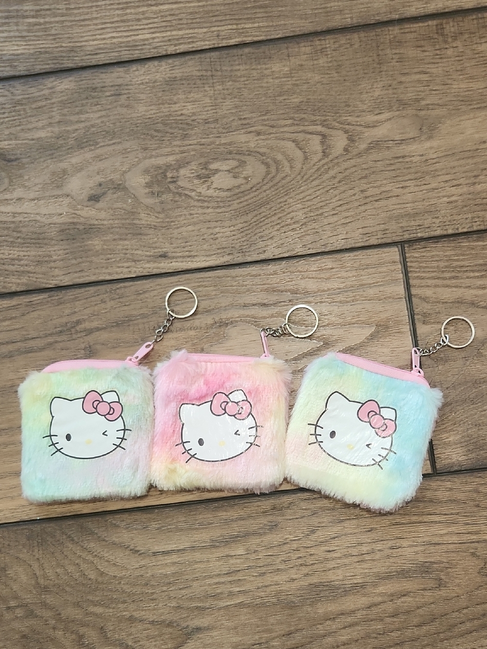 Hello Kitty Pastel Rainbow Faux Fur Coin Pouch Keychain Trio - Pink Zippers